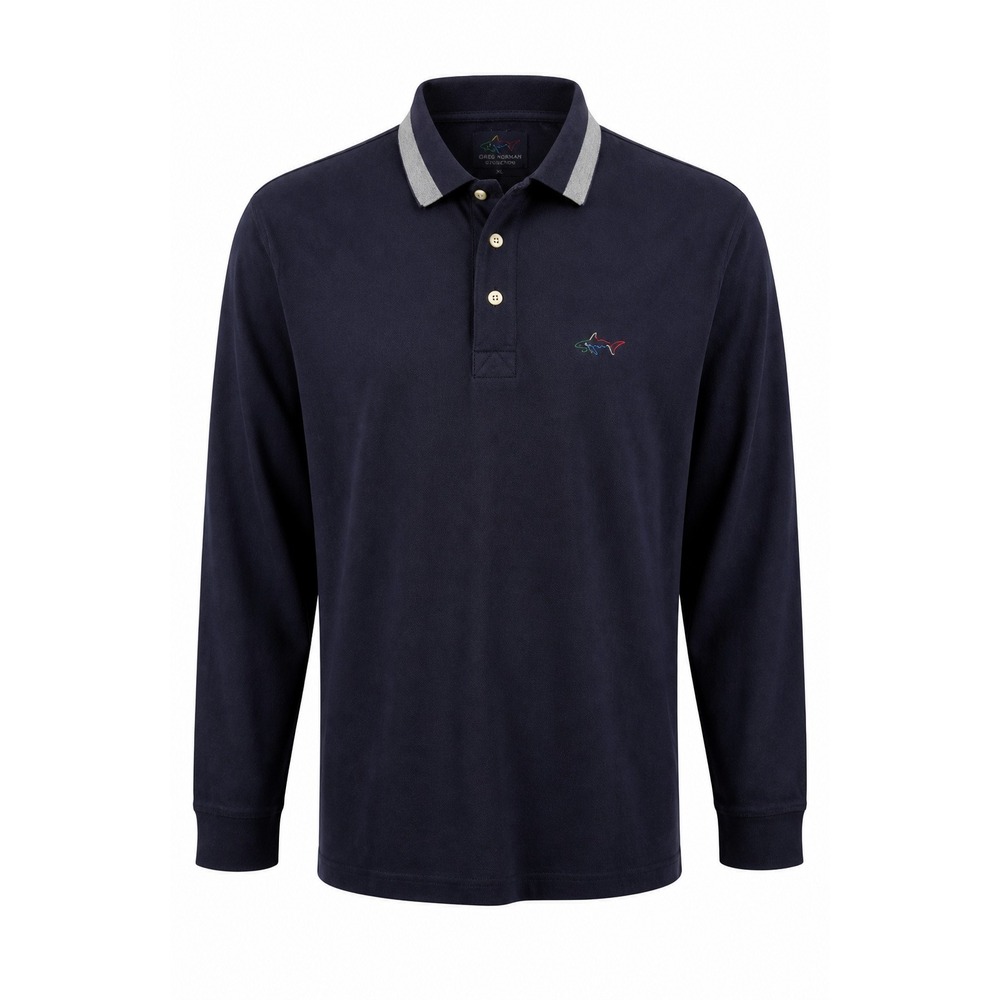Greg Norman Collection Men XL Long Sleeve Polo Shirt Navy Blue Shark Logo Cotton